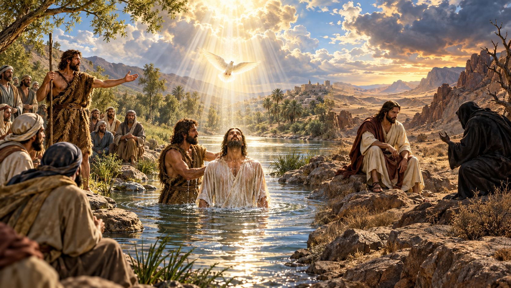 John the Baptist baptizing Jesus in the Jordan River, followed by Jesus’ temptation in the wilderness