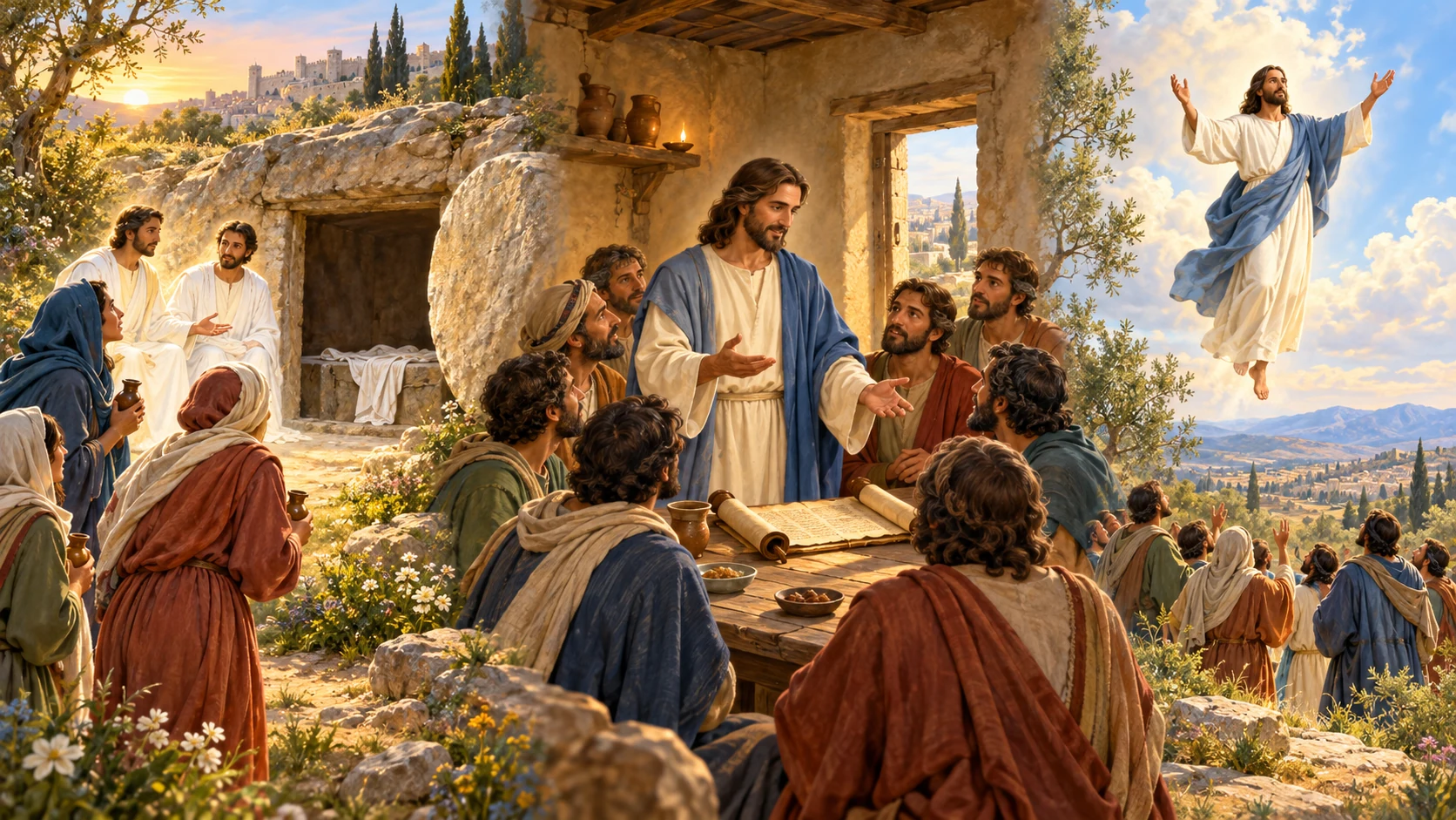 A montage of the empty tomb, the risen Jesus teaching His disciples, and His ascension into heaven.