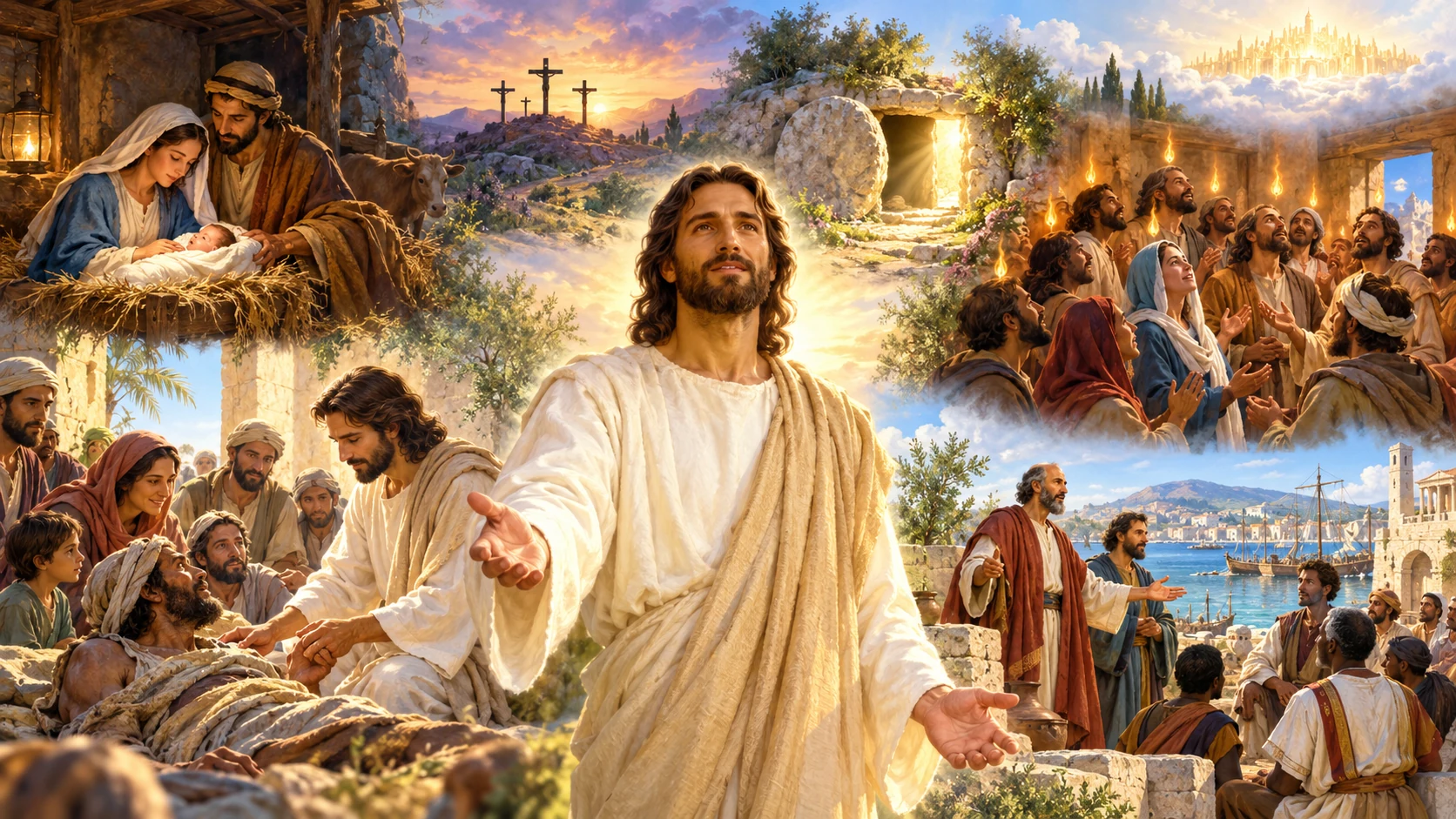 An illustration combining the birth, ministry, crucifixion and resurrection of Jesus, Pentecost, apostolic preaching and the heavenly city.